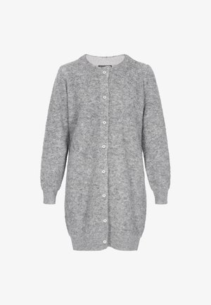 Langer grauer Button-up Cardigan mit fusseliger Textur, gerippten Bündchen und Saum.