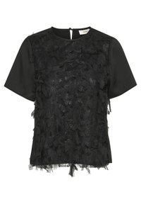 Čierny top s krátkym rukávom z textúrovanej látky s vrstvenými volánikmi. Zapínanie na chrbte s malým otvorom v tvare kľúča. Jemný, elegantný dizajn.