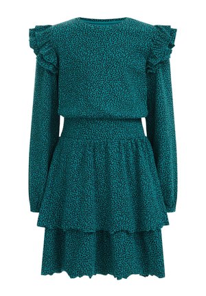 Robe longue à manches longues couleur sarcelle avec motif noir tacheté, épaules à volants, taille cintrée et jupe à volants avec légère évasement.