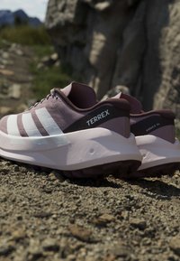 Ζευγάρι ροζ και λευκών παπουτσιών Adidas Terrex Agravic SL για ορεινό τρέξιμο, τοποθετημένα σε βραχώδες έδαφος με θολό φυσικό φόντο.