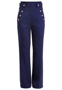 Pantalon de la marine à taille haute à jambes larges, avec des boutons décoratifs dorés sur les poches avant et les pattes de ceinture.