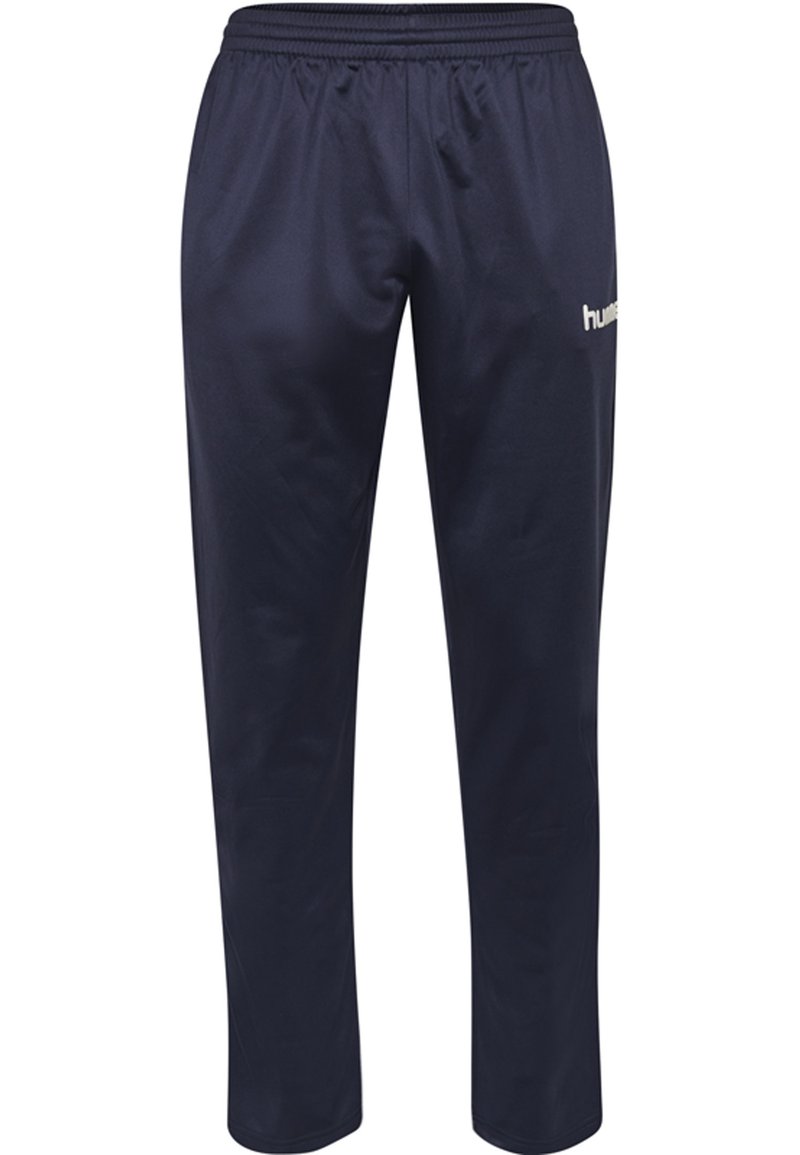 Pantalon de sport bleu marine en matériau léger, avec une taille élastique et un petit logo blanc sur le côté gauche.