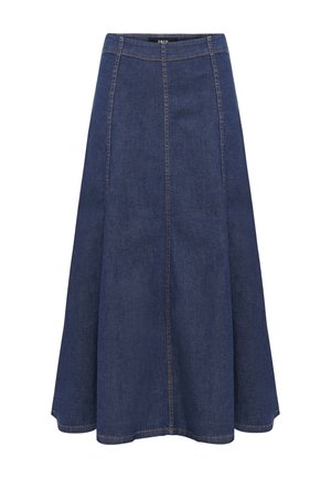 Jupe trapèze en denim bleu foncé avec coutures verticales visibles et taille ajustée, longueur genou ou plus.