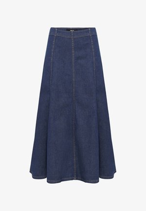 Dark blue denim A-line skirt with visible vertical stitching and a fitted waistband, knee-length or longer.