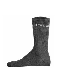 Graue gerippte Socke aus Stoff, mit einer glatten Textur und einem kontrastierenden weißen Logo, das in der Nähe des oberen Randes aufgedruckt ist. Standard Crew-Länge.