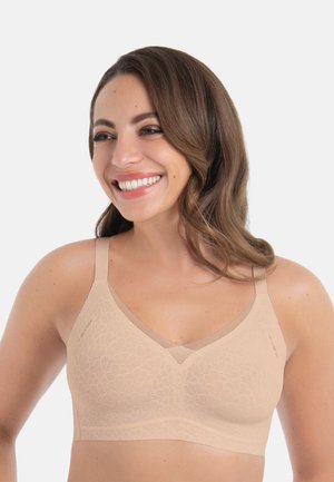 Beige kanten bralette met een zacht, gestructureerd ontwerp, voorzien van verstelbare bandjes en een V-hals voor een comfortabele pasvorm.