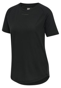 Sort kortærmet T-shirt lavet af letvægtsmateriale, med rund halsudskæring, raglanærmer og et diskret logo på brystet.