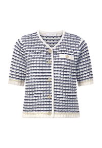 Cardigan tissé à manches courtes en marine et crème, avec des rayures horizontales, des boutons dorés et une finition texturée avec une petite poche.