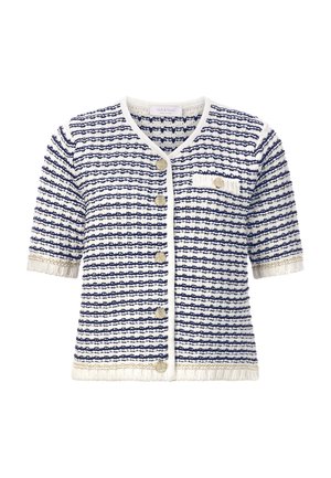 Cardigan tissé à manches courtes en marine et crème, avec des rayures horizontales, des boutons dorés et une finition texturée avec une petite poche.