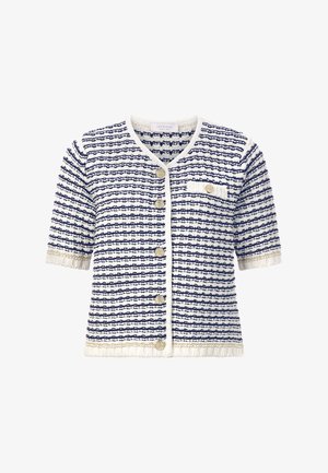 Gestreifter, kurzhälsiger Cardigan in Marineblau und Creme mit horizontalen Streifen, goldenen Knöpfen und einer strukturierten Oberfläche sowie einer kleinen Tasche.