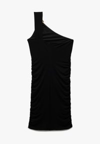 Robe noire à épaule unique en tissu extensible ; présente des fronces sur le côté et une fermeture éclair au dos. Texture lisse avec un minimum de détails.