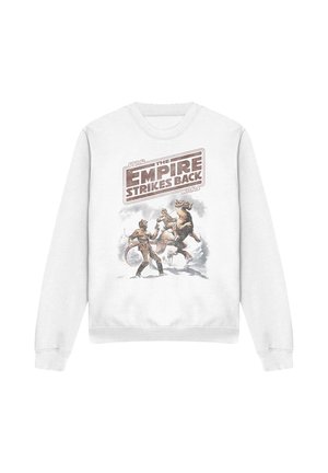 White sweatshirt with Star Wars The Empire Strikes Back logo and characters, including a person riding a creature and another standing beside them.