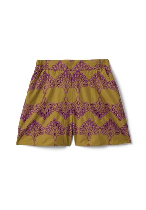 Pantalones cortos verde-marrón con cintura elástica que presentan un patrón floral simétrico bordado en púrpura y bolsillos laterales.
