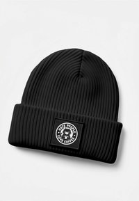 Black ribbed knit beanie featuring a fold-over cuff. Centered patch displays a cartoon cat and text: "I HATE PEOPLE, LOVE COFFEE."