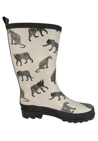 Botte en caoutchouc à motifs, ornée d'imprimés animaliers noirs sur fond crème, avec une bordure noire et une semelle texturée pour une meilleure adhérence.