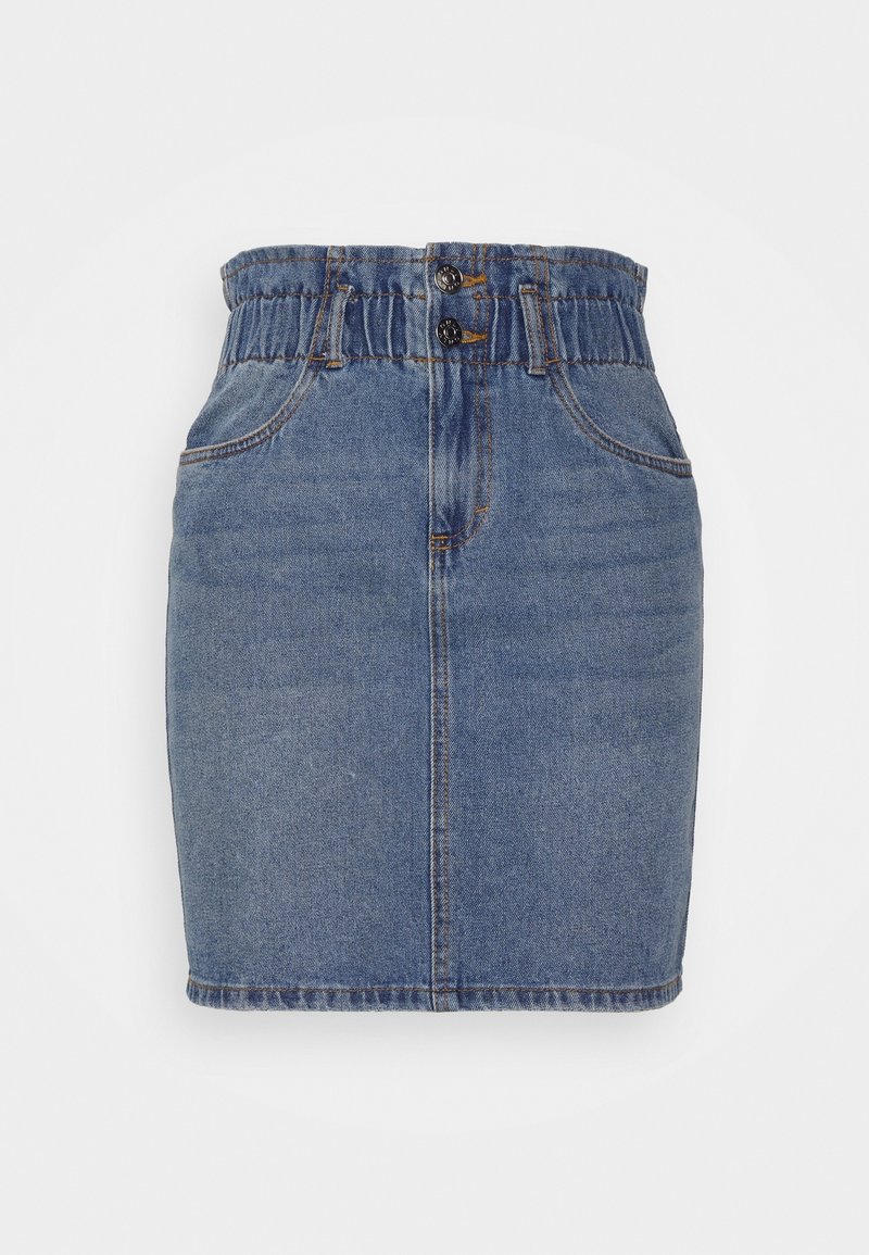 Blue denim skirt with an elastic waistband, two front pockets, and two buttons at the waist; fitted design, knee-length, and smooth texture.