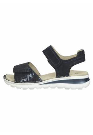 Dark blue sandal made of textured leather with two wide straps, adjustable Velcro, and a cushioned footbed on a white rubber sole.