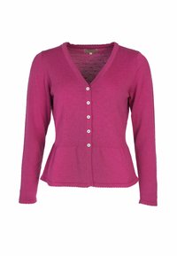 Fuchsia cardigan with long sleeves, V-neck, and peplum design. Features six white buttons and a textured fabric with small patterns.