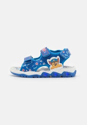 Blue mesh sandal with adjustable straps, rubber sole, and light-up accents. Features cartoon character design and paw print patterns.