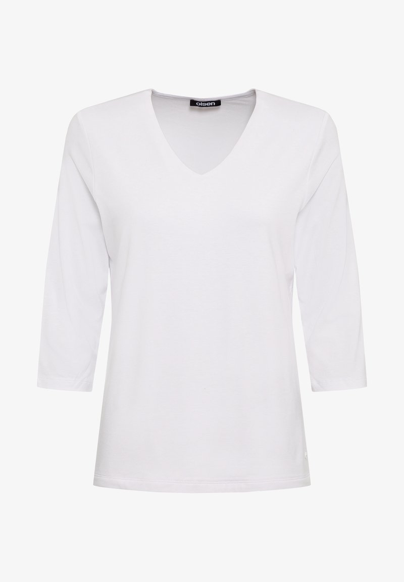 White V-neck t-shirt with three-quarter sleeves. Made from soft fabric, featuring a straight hem and subtle tag at the bottom left.