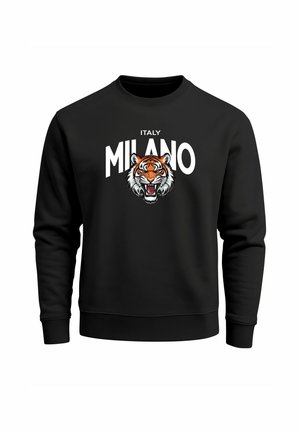 Black sweatshirt featuring a tiger graphic and the words "ITALY MILANO" in bold white lettering. Long sleeves, ribbed cuffs, and neck.