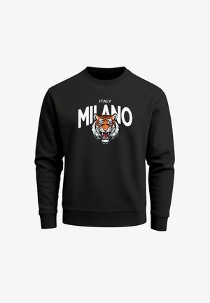 Black sweatshirt featuring a tiger graphic and the words "ITALY MILANO" in bold white lettering. Long sleeves, ribbed cuffs, and neck.