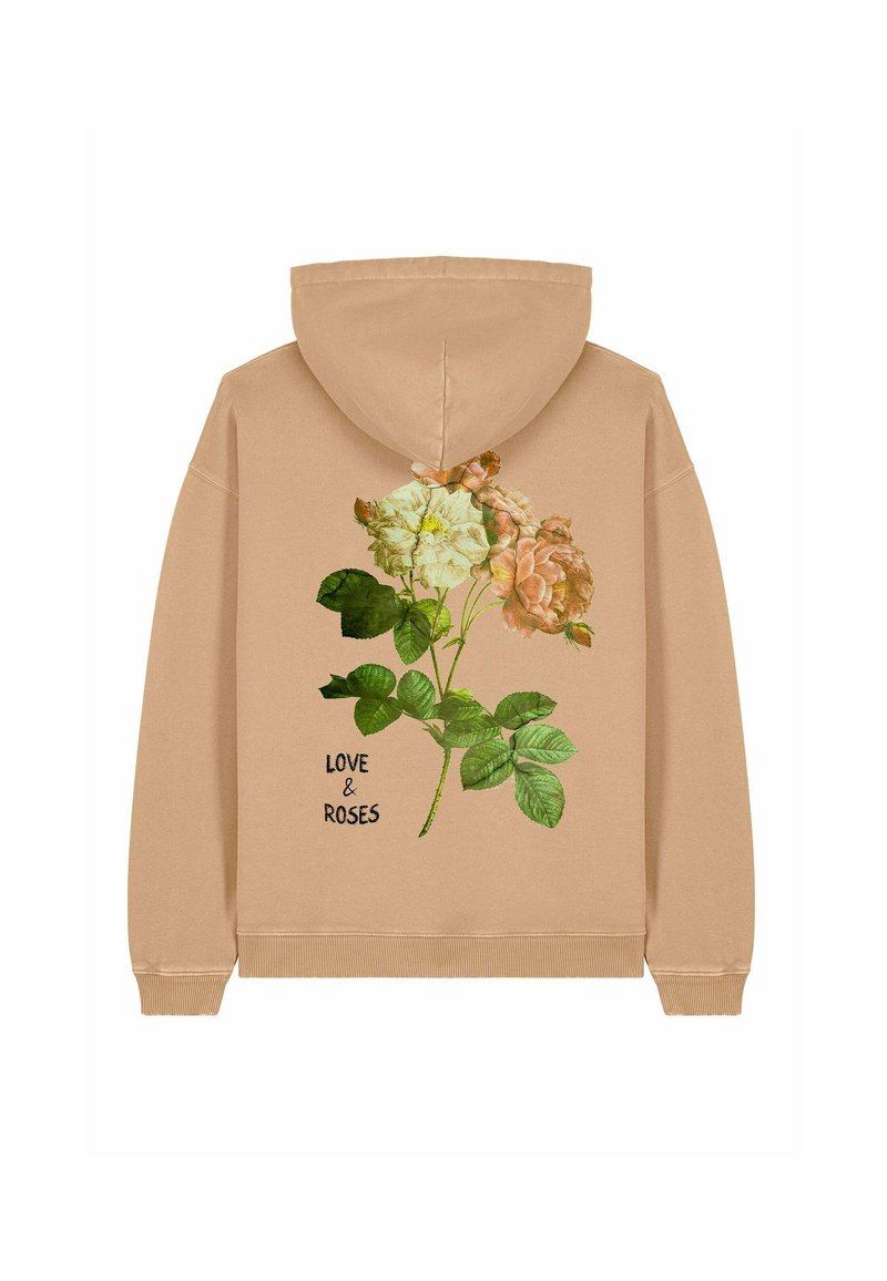 Felpa beige con stampa floreale che presenta rose bianche e rosa con foglie verdi. Testo "AMORE & ROSE" stampato sotto i fiori.