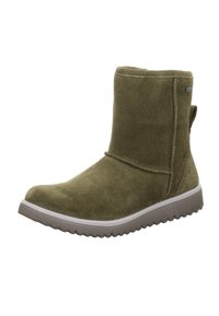 Dunkelgrüner Wildleder-Schnürstiefel mit runder Zehenpartie, strukturiertem Obermaterial und grauem Gummisohle. Verfügt über eine Ziehlasche an der Rückseite für ein einfaches Anziehen.