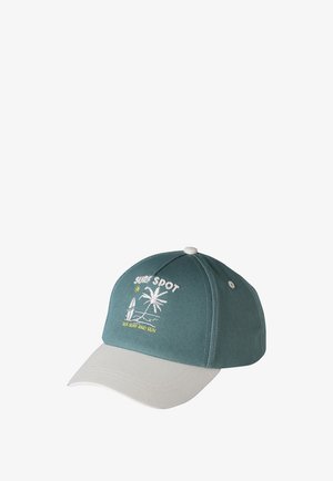 Teal and beige baseball cap with embroidered palm tree, sailboat, sun, and text "SURF SPOT SEA SURF AND SUN" on front panel.