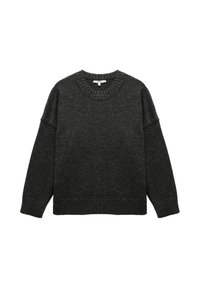 Pull en laine gris foncé à manches longues, col rond, avec des bords côtes aux poignets, à l'ourlet et au col, posé à plat sur un fond blanc.