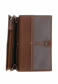 Brown leather wallet with a zippered compartment, multiple card slots, and a textured gray fabric section. White stitching details accent the design.