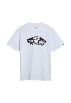 Bílý bavlněný tričko s černou grafikou skateboardu a textem "VANS OFF THE WALL" výrazně umístěným na přední straně.
