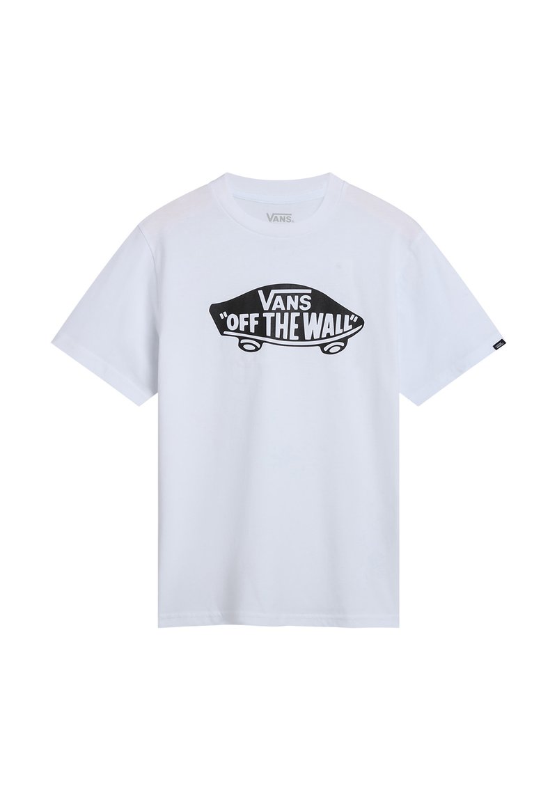 Camiseta de algodón blanca con un gráfico negro de una patineta y el texto "VANS OFF THE WALL" en destaque en la parte frontal.