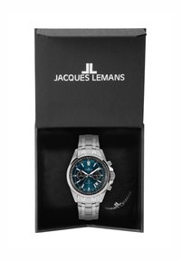 Orologio in acciaio inossidabile argentato con quadrante verde acqua, funzionalità cronografo e data, presentato in una scatola regalo nera.