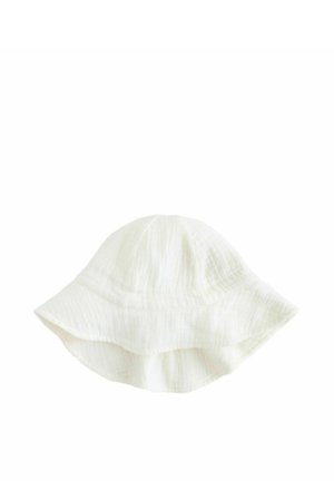 Witte katoenen emmerhoed met een brede, uitlopende rand en een gestructureerde, gekreukte afwerking. Ontworpen voor bescherming tegen de zon en casual draagcomfort.
