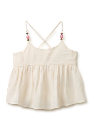 Mouwloze top in crèmekleur met ingesnoerde taille, gekruiste verstelbare bandjes en decoratieve roze en bruine kralen op de bandjes.