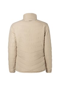Beige pufferjack die beschikt over een hoge kraag, gestikt chevronpatroon, elastische manchetten en een gladde, gewatteerde buitenkant. Achteraanzicht.