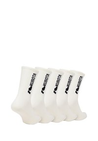 Zestaw pięciu białych skarpetek bawełnianych z ryżowym wzorem i czarnym napisem "I ❤️ KUBOTA" na mankietach. Wysokość do połowy łydki.