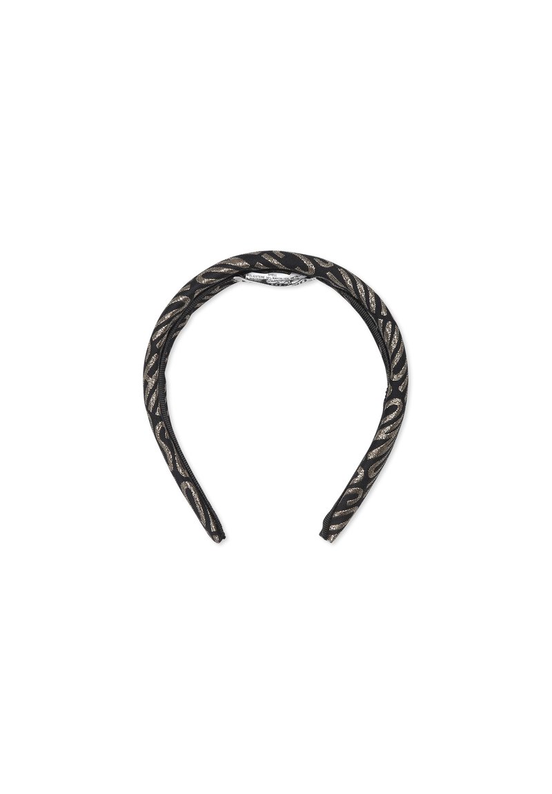 Fascia nera con motivo a foglia in rilievo metallico, con finitura in tessuto liscio. Design curvo con estremità aperte per un indossamento facile.