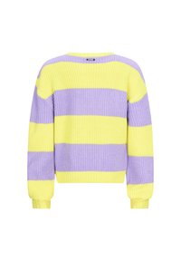 Maglione a maglia con strisce orizzontali in giallo e lavanda. Il design presenta un collo rotondo e maniche lunghe, leggermente a sbuffo.