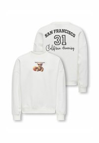 Bílá mikina s potiskem kresleného medvěda se slunečními brýlemi a basketbalovým míčem na přední straně. Na zadní straně je černý nápis "SAN FRANCISCO 31 California dreaming".