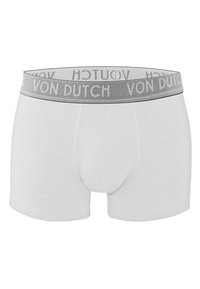 Boxers en coton blanc avec une ceinture élastique grise portant le texte "VON DUTCH", offrant une coupe ajustée et un design classique.