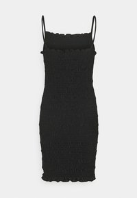 Mustassa smokkimekossa on olkaimetta, vartalonmyötäinen siluetti, röyhelöhelma ja teksturoitu kangas kauttaaltaan.