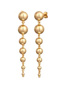Goldfarbene Tropfohrringe mit einer Reihe von graduell unterschiedlich großen, sphärischen Perlen, die durch Glieder verbunden sind. Glatte Textur mit glänzendem Finish.