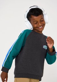 Grauer Sweatshirt mit türkisen und blauen Streifenakzenten. Verfügt über ein buntes, besticktes Logo auf der Brust. Getragene weiße Over-Ear-Kopfhörer.