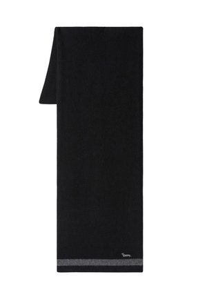 Sciarpa nera lavorata a maglia con una texture liscia, caratterizzata da una striscia grigia a contrasto sul fondo e un piccolo dettaglio ricamato.