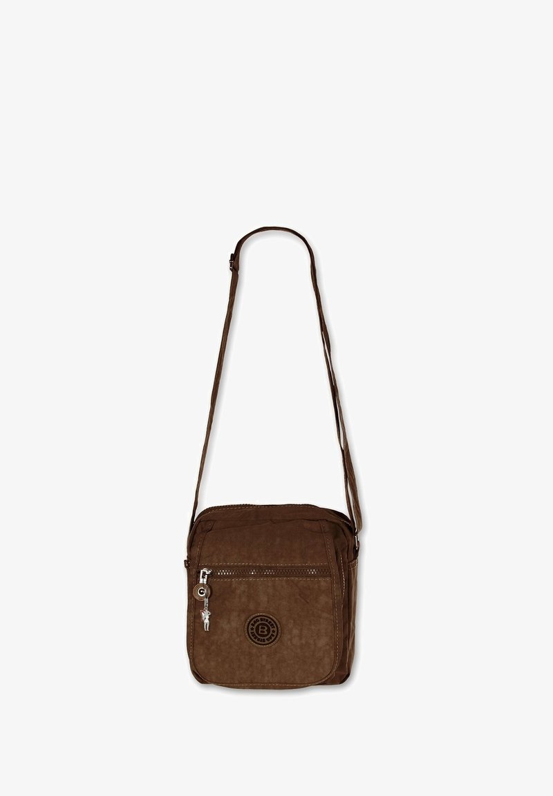 Braune Stoff-Schultertasche mit einem Hauptfach und einer vorderen Reißverschlusstasche. Verfügt über ein rundes Logo und einen verstellbaren Trageriemen. Texturierte Oberfläche.