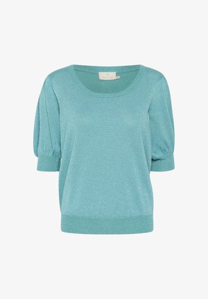 Küpsise värvi lühikeste varrukatega pluus, millel on sädelev tekstuur, ümar kaelus ja paisutatud varrukad, ning ribakujuline äär ja mansetid.