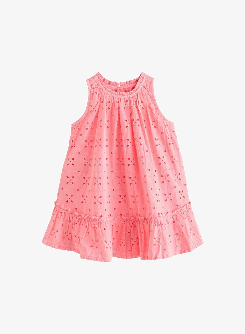 Robe rose sans manches pour tout-petit avec motif floral découpé ajouré et ourlet à volants, en tissu léger.
