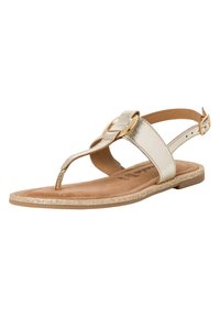 Platt sandal i metalliskt guld med tåpostdesign. Har en texturerad fotbädd, ankelrem med justerbar spänne och glittrande sula.